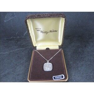 Vintage Kelly Waters Etched Flower Pewter Pendant Necklace
